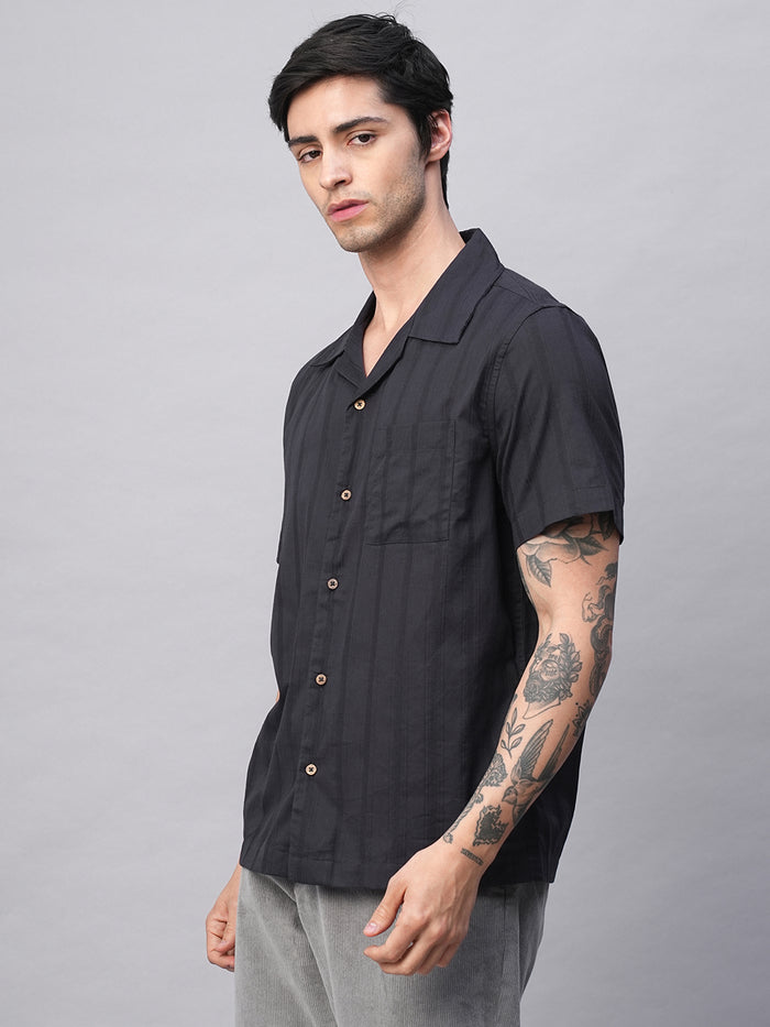 Men's 100% Cotton Stripe Regular Fit Cuban Collar Shirt Navy