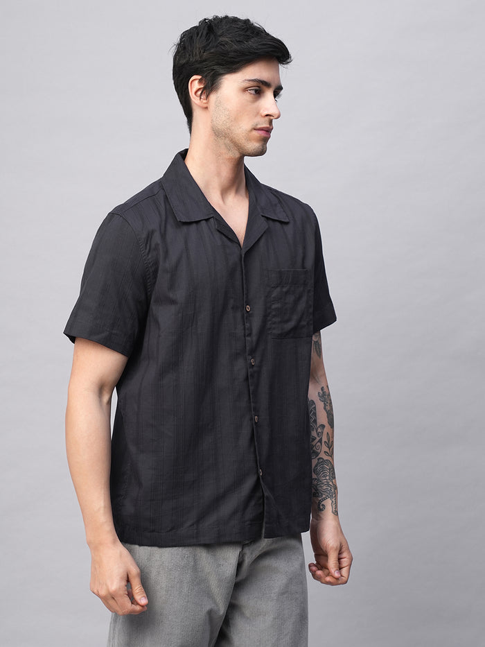 Men's 100% Cotton Stripe Regular Fit Cuban Collar Shirt Navy