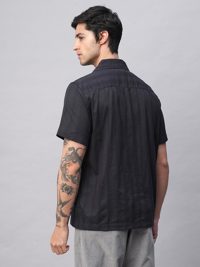Men's 100% Cotton Stripe Regular Fit Cuban Collar Shirt Navy