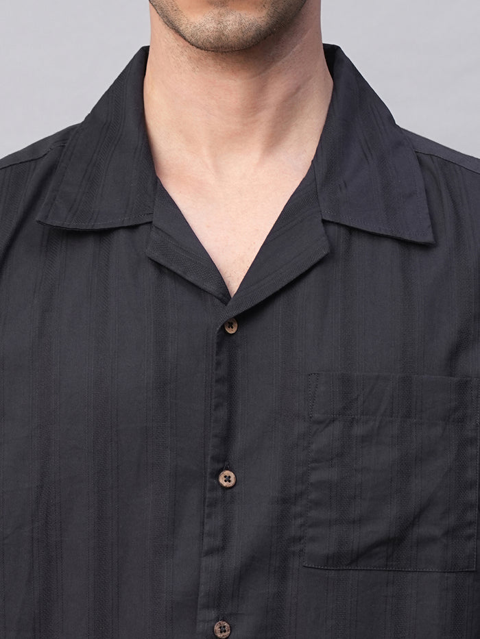 Men's 100% Cotton Stripe Regular Fit Cuban Collar Shirt Navy