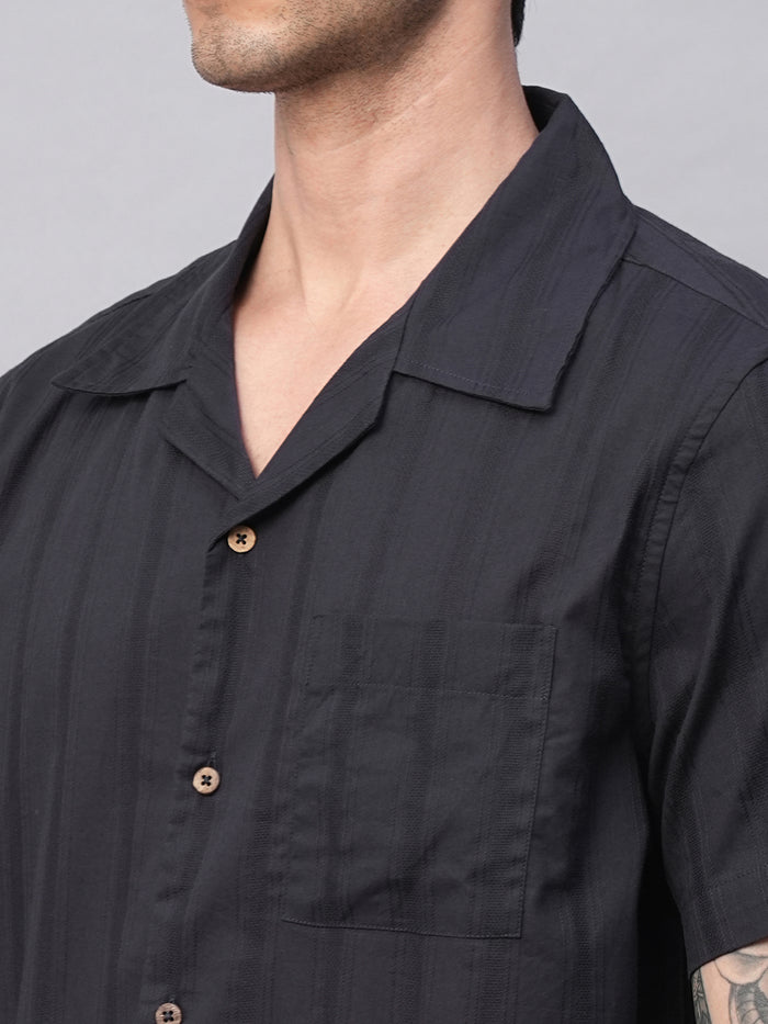 Men's 100% Cotton Stripe Regular Fit Cuban Collar Shirt Navy