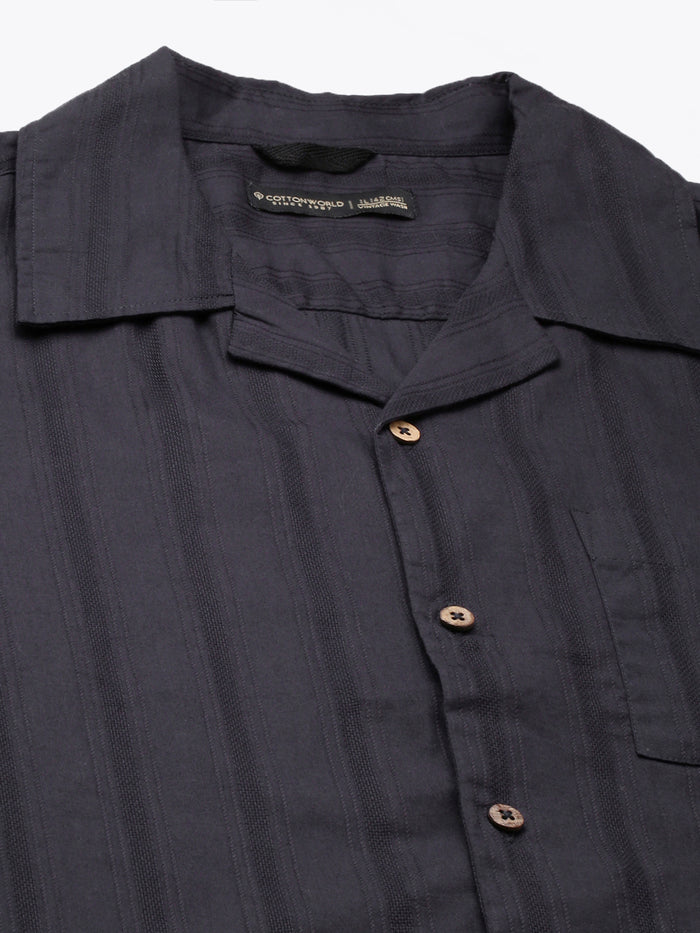 Men's 100% Cotton Stripe Regular Fit Cuban Collar Shirt Navy