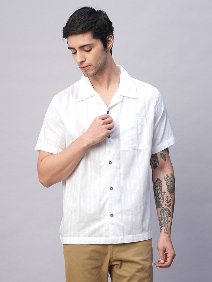 Men's 100% Cotton Stripe Regular Fit Cuban Collar Shirt White