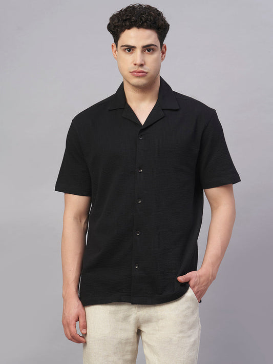 Men's Cotton Elastane Regular Fit Button Front T Shirt Black
