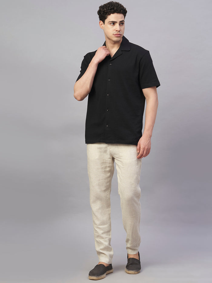 Men's Cotton Elastane Regular Fit Button Front T Shirt Black