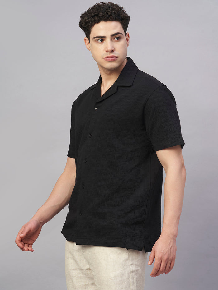 Men's Cotton Elastane Regular Fit Button Front T Shirt Black