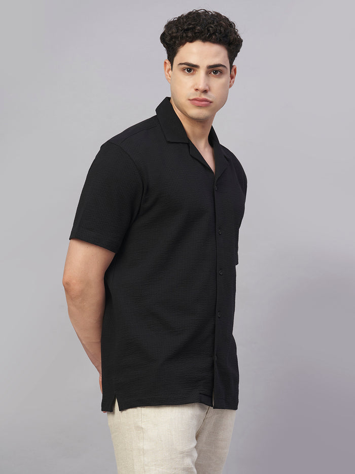 Men's Cotton Elastane Regular Fit Button Front T Shirt Black
