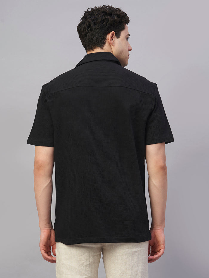 Men's Cotton Elastane Regular Fit Button Front T Shirt Black