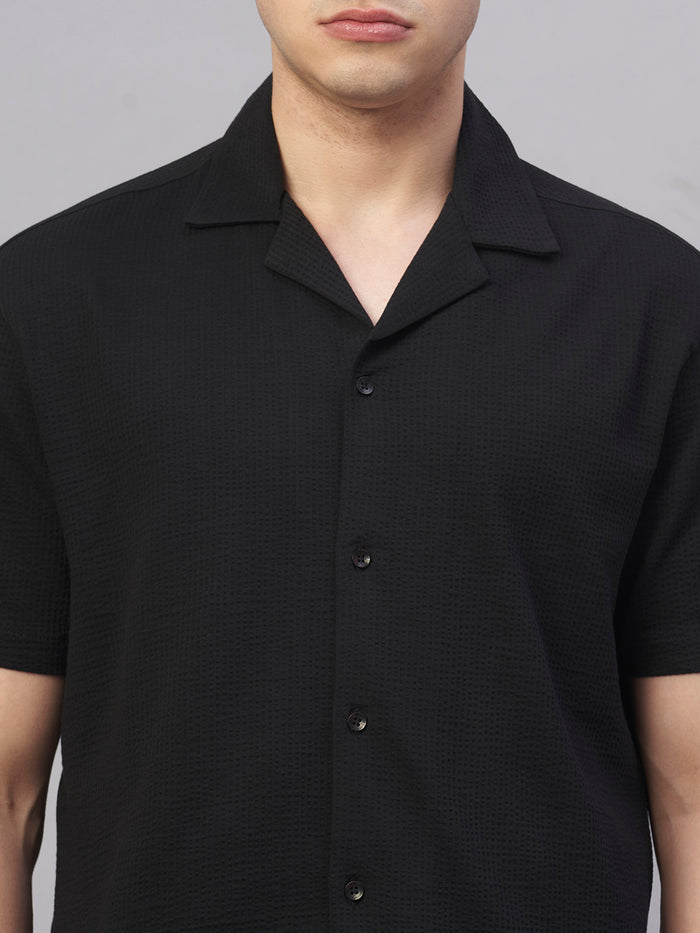 Men's Cotton Elastane Regular Fit Button Front T Shirt Black