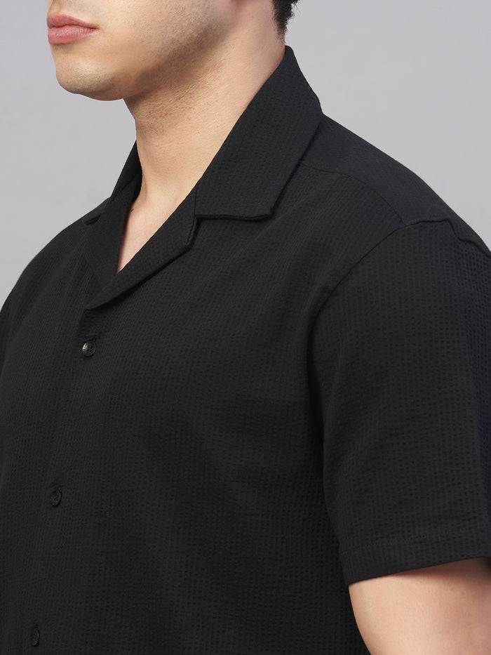 Men's Cotton Elastane Regular Fit Button Front T Shirt Black