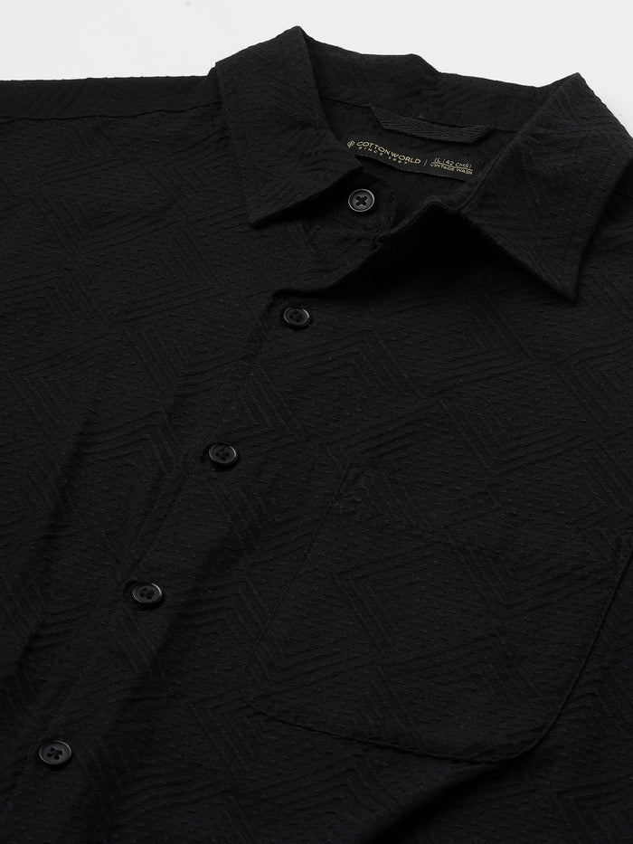 Men's Cotton Elastane Regular Fit Button Front T Shirt Black