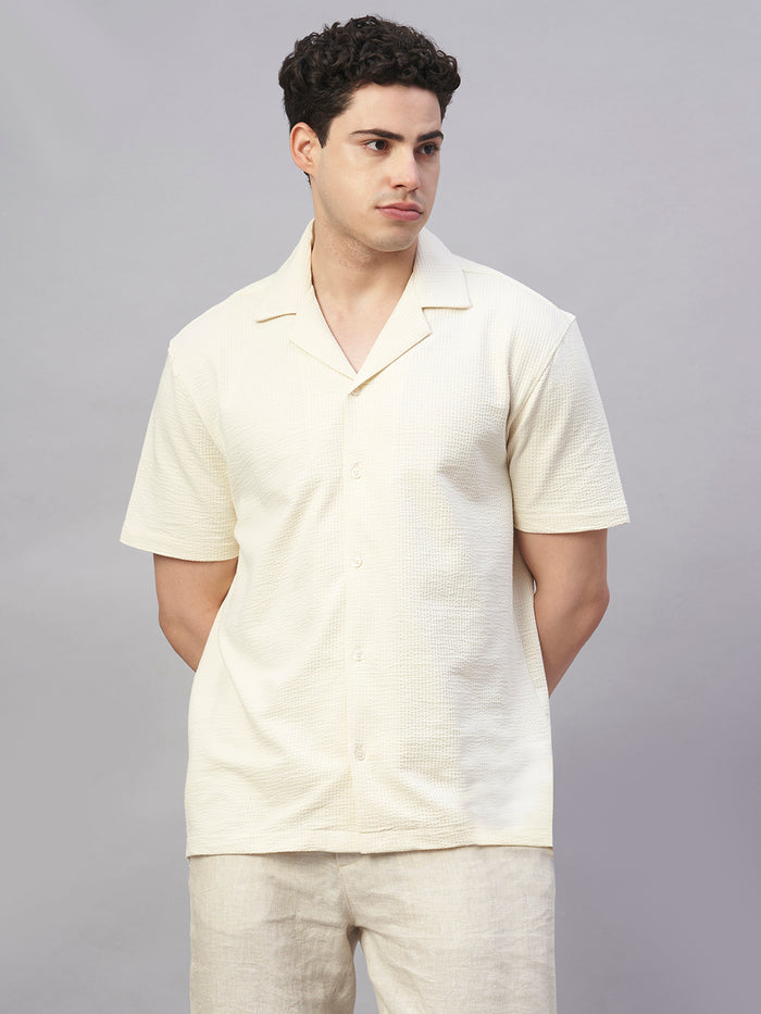 Men's Cotton Elastane Regular Fit Button Front T Shirt Natural
