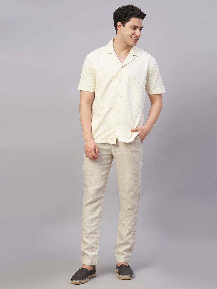 Men's Cotton Elastane Regular Fit Button Front T Shirt Natural