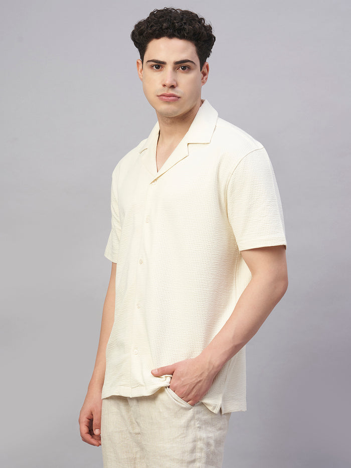 Men's Cotton Elastane Regular Fit Button Front T Shirt Natural