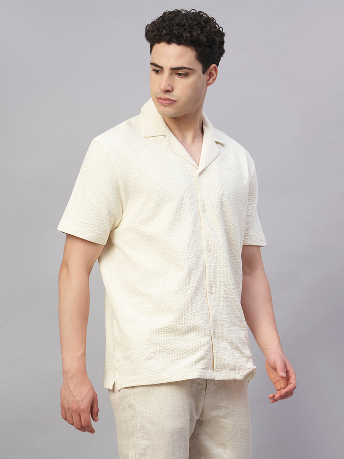 Men's Cotton Elastane Regular Fit Button Front T Shirt Natural