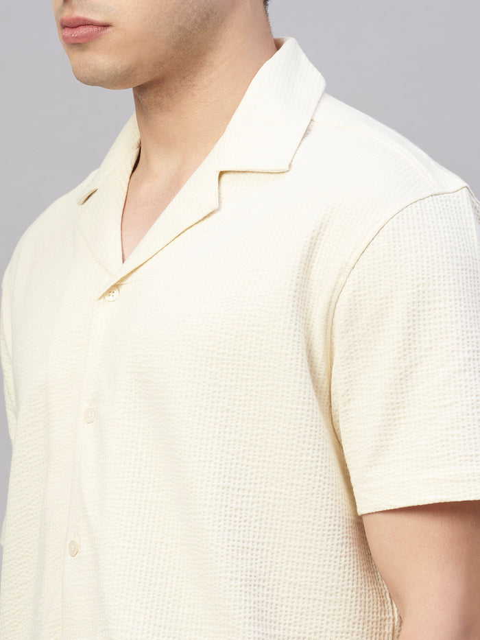 Men's Cotton Elastane Regular Fit Button Front T Shirt Natural