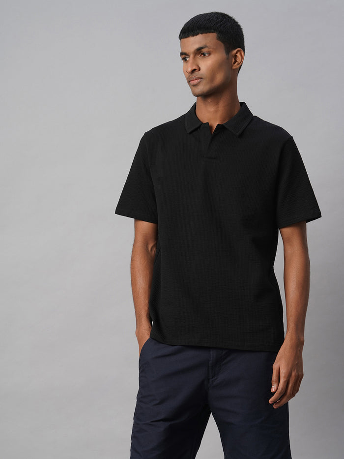 Men's Cotton Elastane Regular Fit Polo T Shirt Black