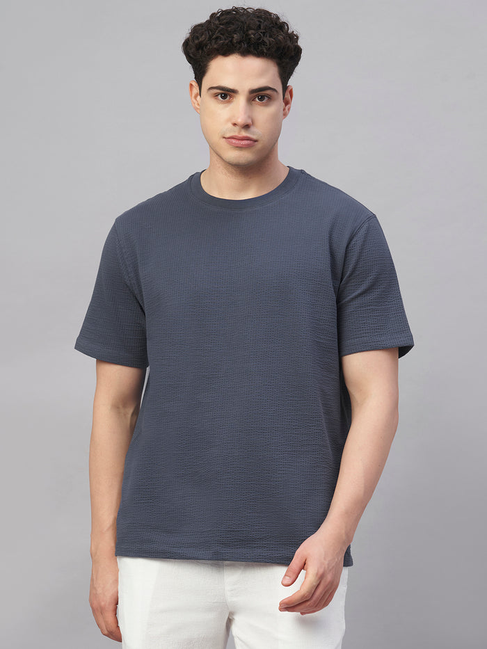 Men's Cotton Elastane Regular Fit Round Neck T Shirt Blue