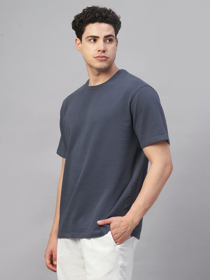 Men's Cotton Elastane Regular Fit Round Neck T Shirt Blue