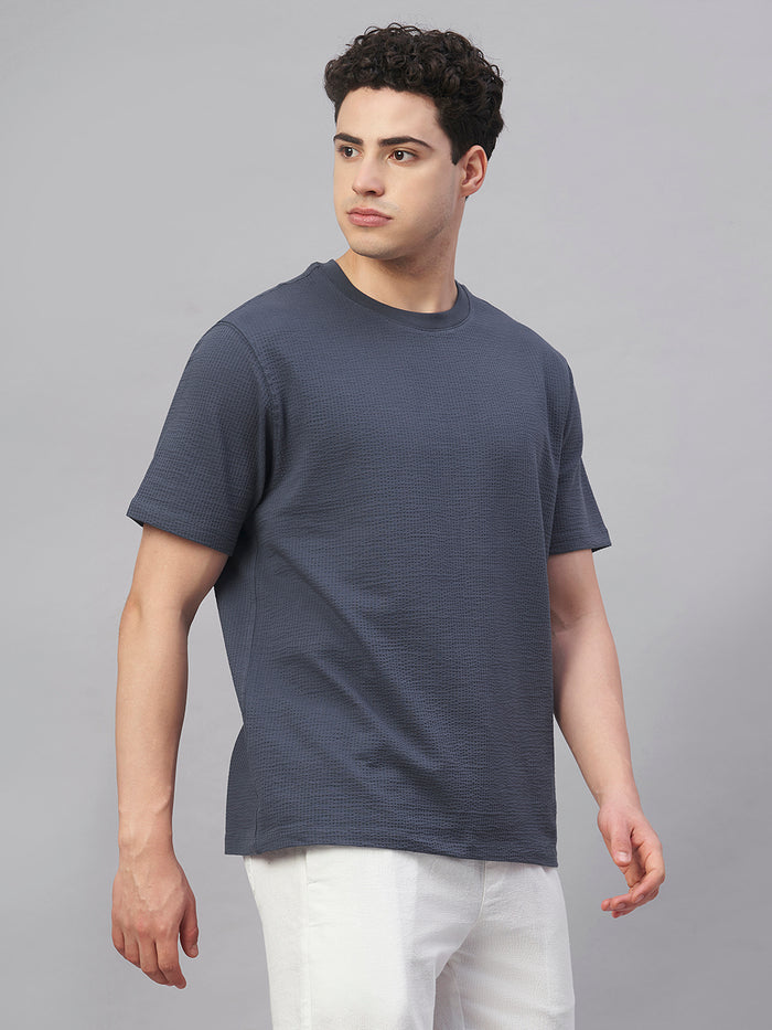 Men's Cotton Elastane Regular Fit Round Neck T Shirt Blue