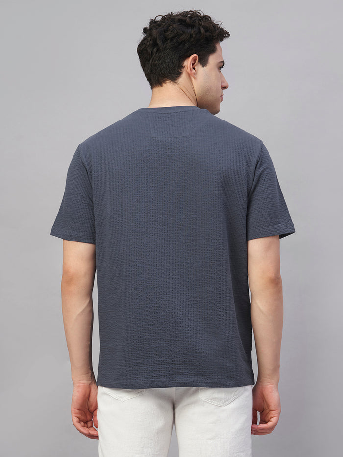 Men's Cotton Elastane Regular Fit Round Neck T Shirt Blue
