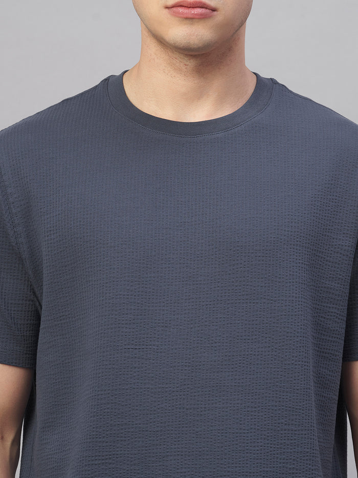 Men's Cotton Elastane Regular Fit Round Neck T Shirt Blue
