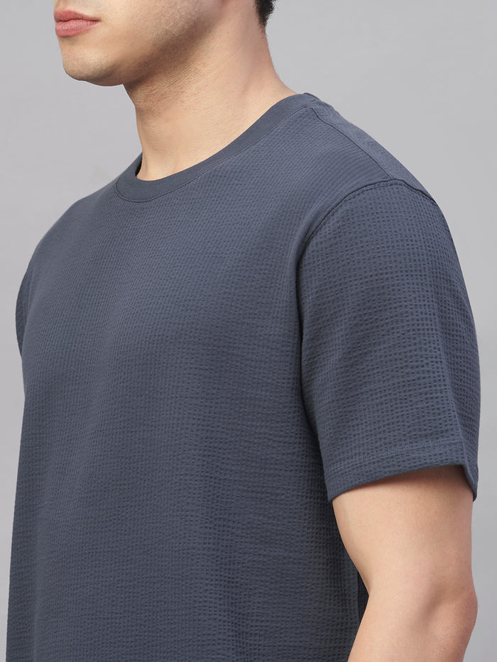 Men's Cotton Elastane Regular Fit Round Neck T Shirt Blue
