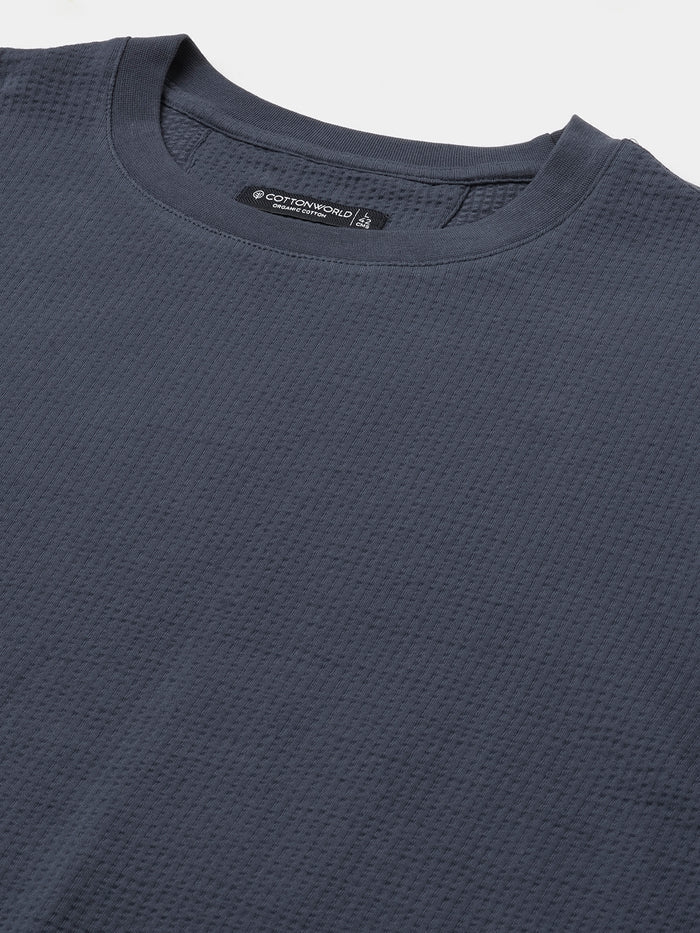 Men's Cotton Elastane Regular Fit Round Neck T Shirt Blue