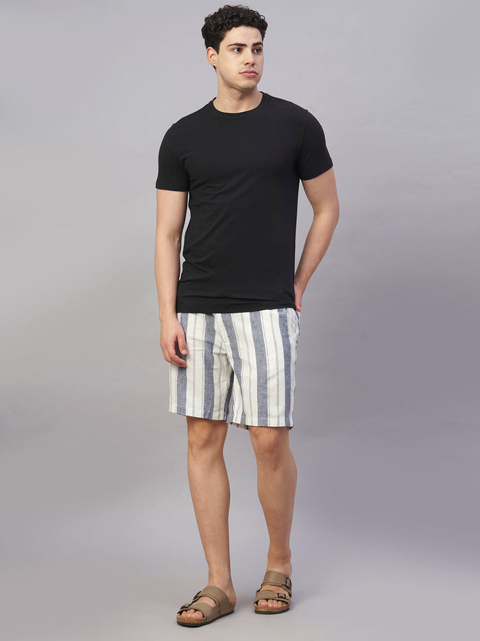 Men's Cotton Linen Regular Fit Stripe Bermuda Shorts Navy