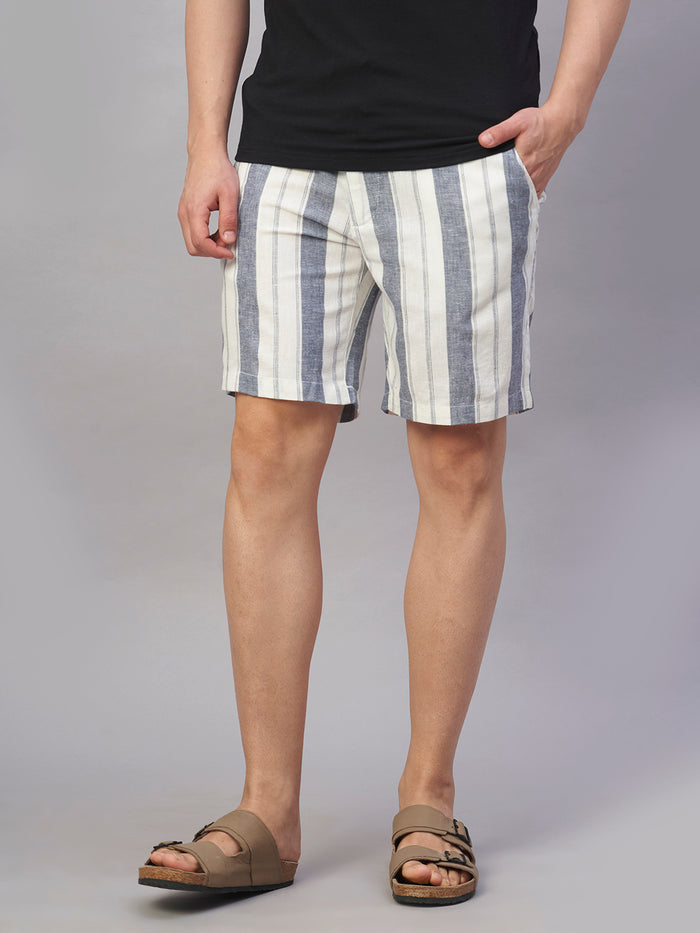 Men's Cotton Linen Regular Fit Stripe Bermuda Shorts Navy