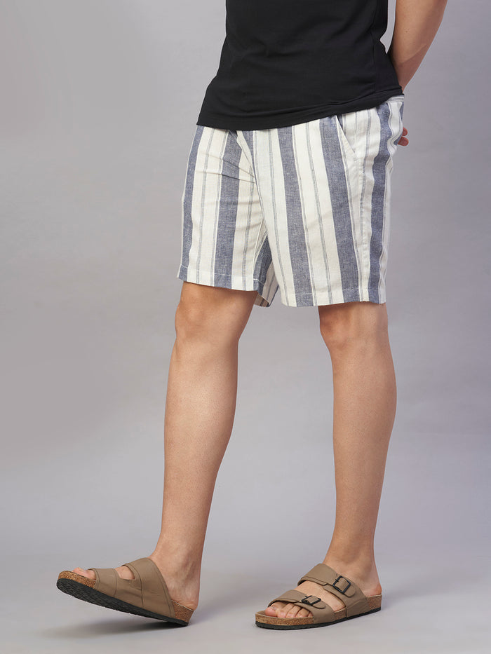 Men's Cotton Linen Regular Fit Stripe Bermuda Shorts Navy