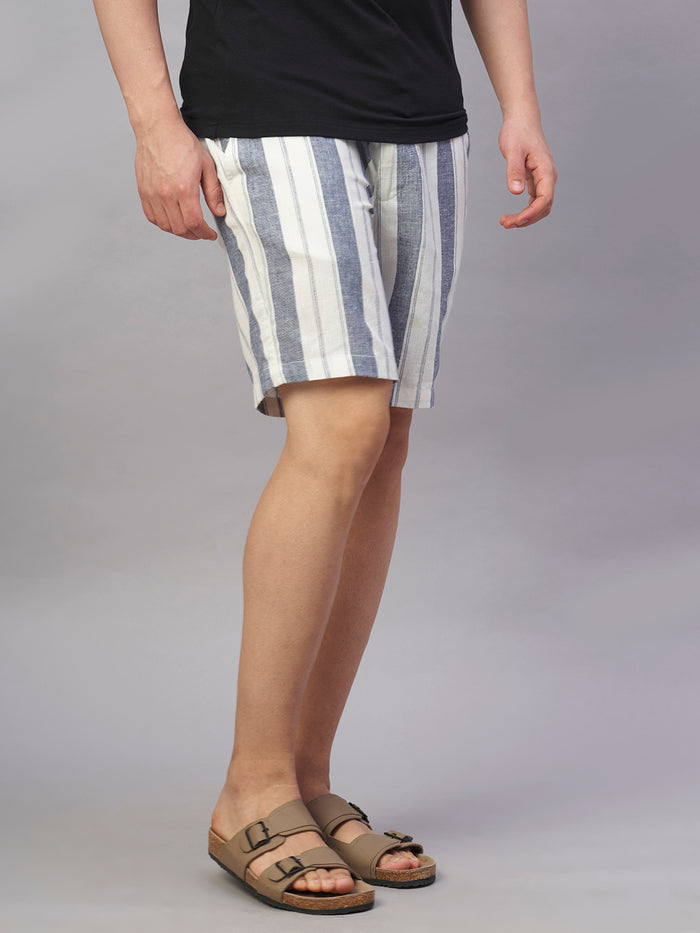 Men's Cotton Linen Regular Fit Stripe Bermuda Shorts Navy
