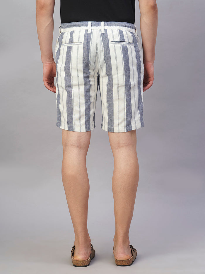 Men's Cotton Linen Regular Fit Stripe Bermuda Shorts Navy