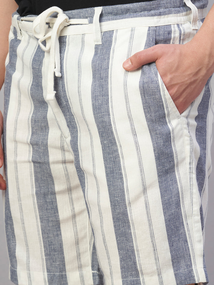 Men's Cotton Linen Regular Fit Stripe Bermuda Shorts Navy