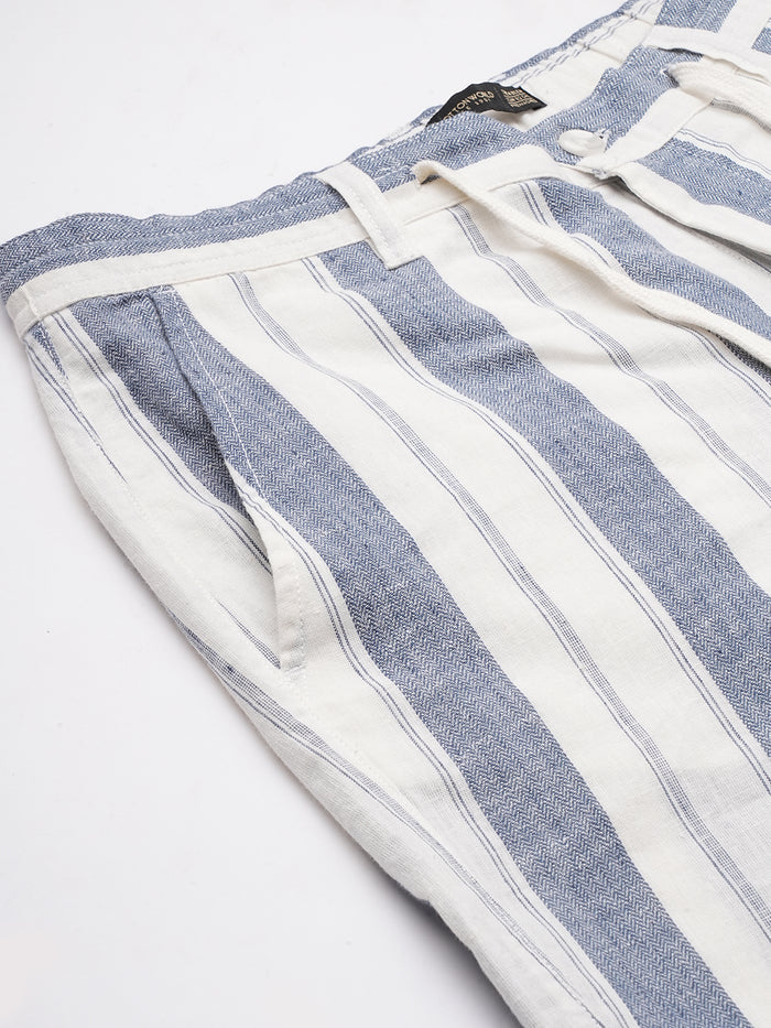 Men's Cotton Linen Regular Fit Stripe Bermuda Shorts Navy