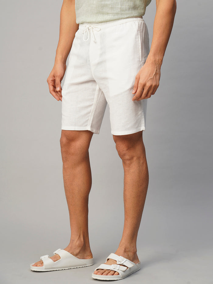 Men's Cotton Linen Regular Fit Stripe Side Seam Pocket Shorts White