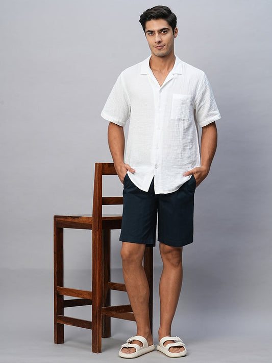 Men's Cotton Lycra Regular Fit Shorts Button Zip Navy