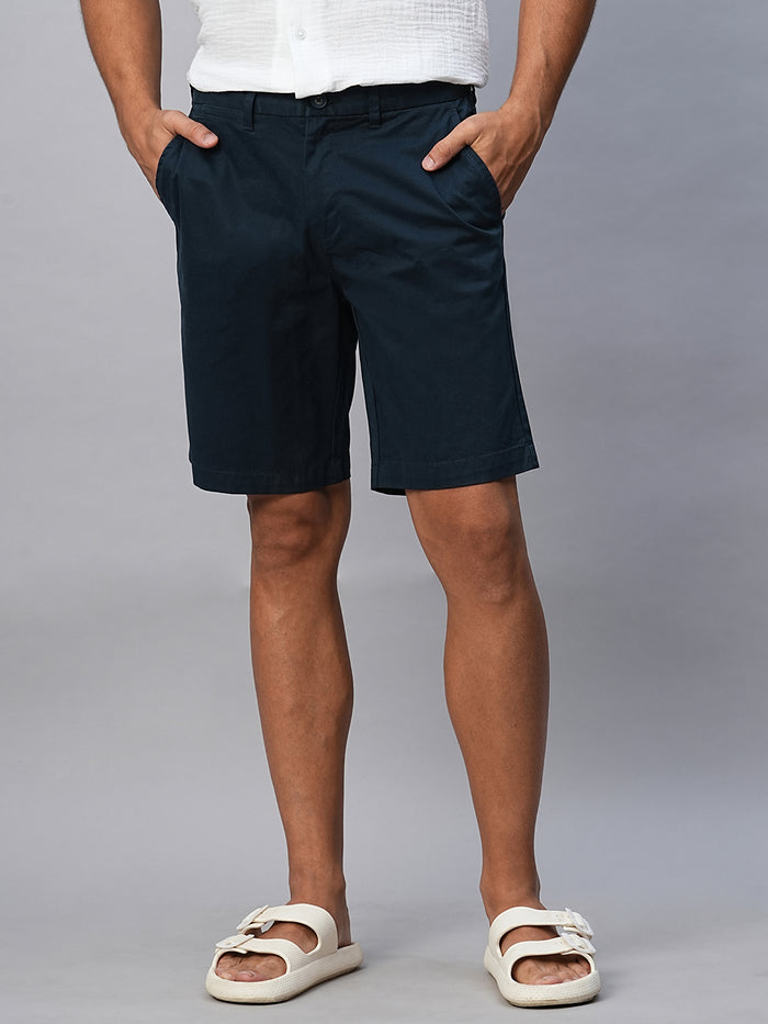 Men's Cotton Lycra Regular Fit Shorts Button Zip Navy