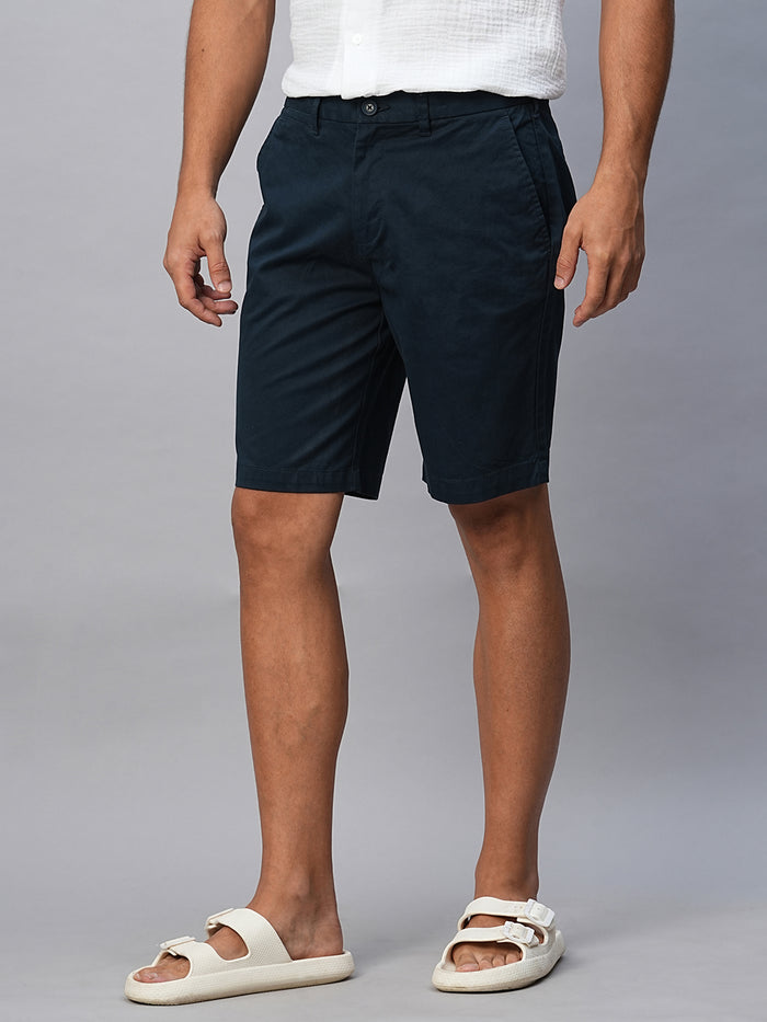 Men's Cotton Lycra Regular Fit Shorts Button Zip Navy