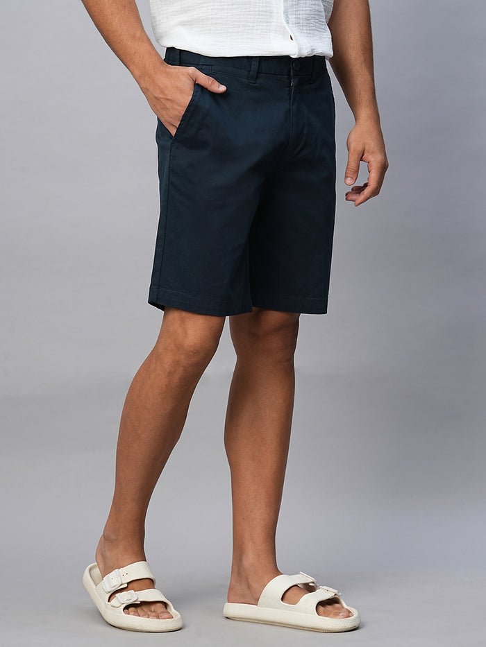 Men's Cotton Lycra Regular Fit Shorts Button Zip Navy