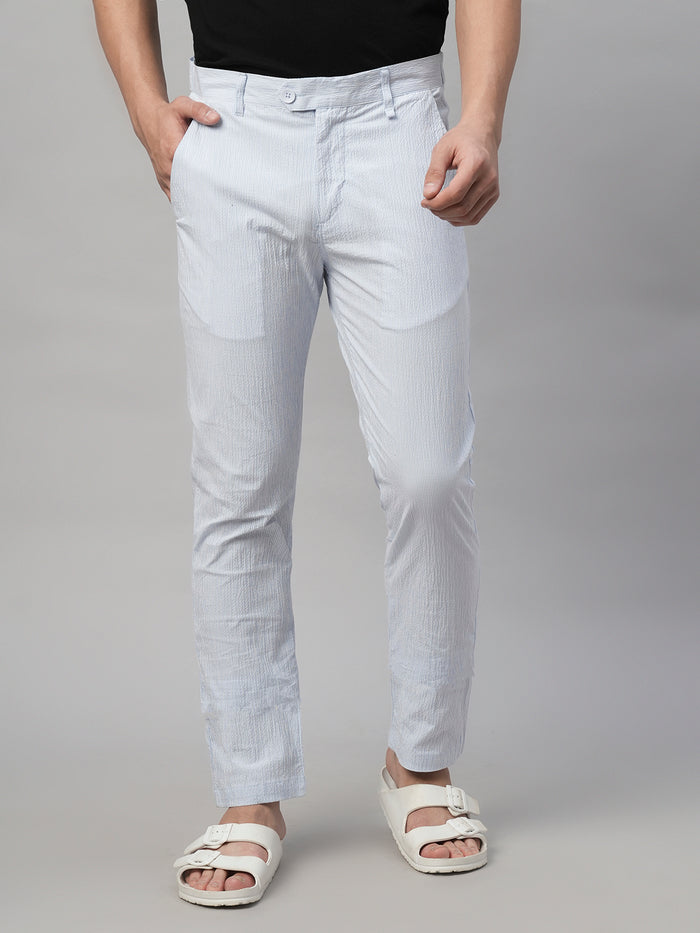 Men's Cotton Seer Sucker Slim Fit Pants Sky Blue