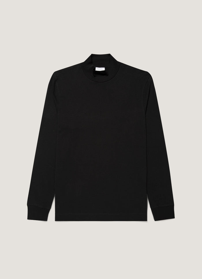 Men's Long Sleeve Brushed Cotton Mock Neck T-shirt in Black