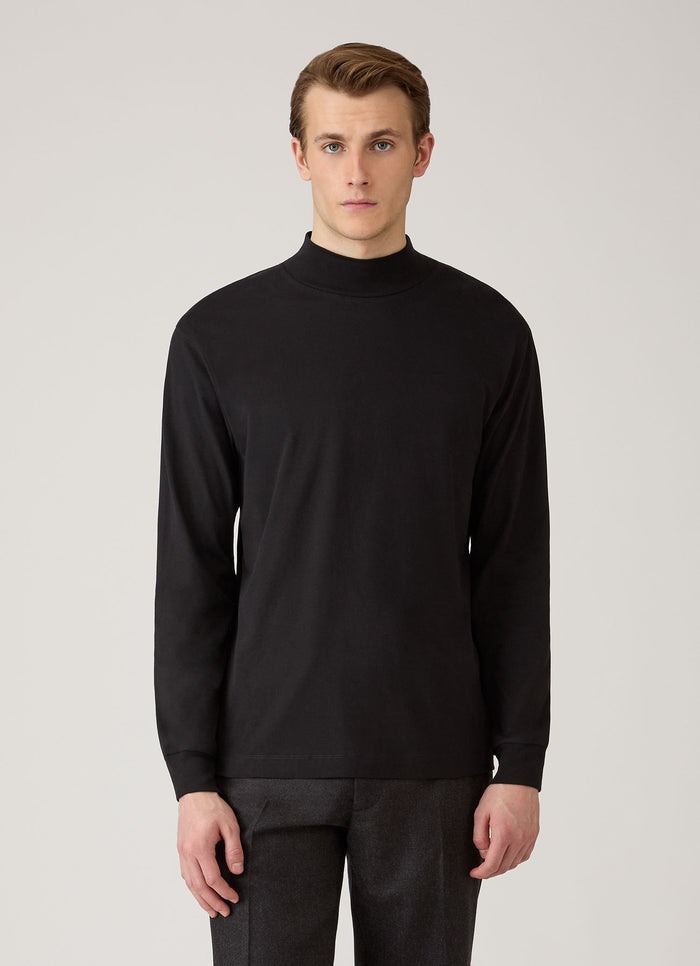 Men's Long Sleeve Brushed Cotton Mock Neck T-shirt in Black