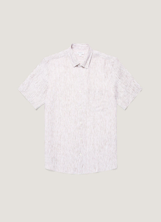 Men's Short Sleeve Linen Shirt in White/Dark Chocolate