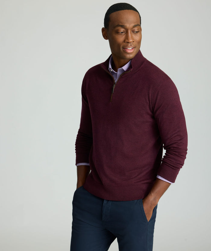 Model is wearing UNTUCKit Belguardo quarter zip in solid maroon.