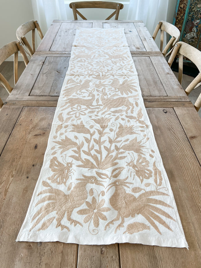 Mexican embroidered Otomi table runner folk art tan beige