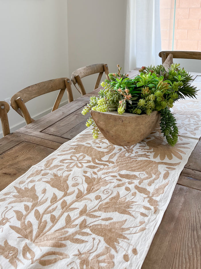 Mexican embroidered Otomi table runner folk art tan beige