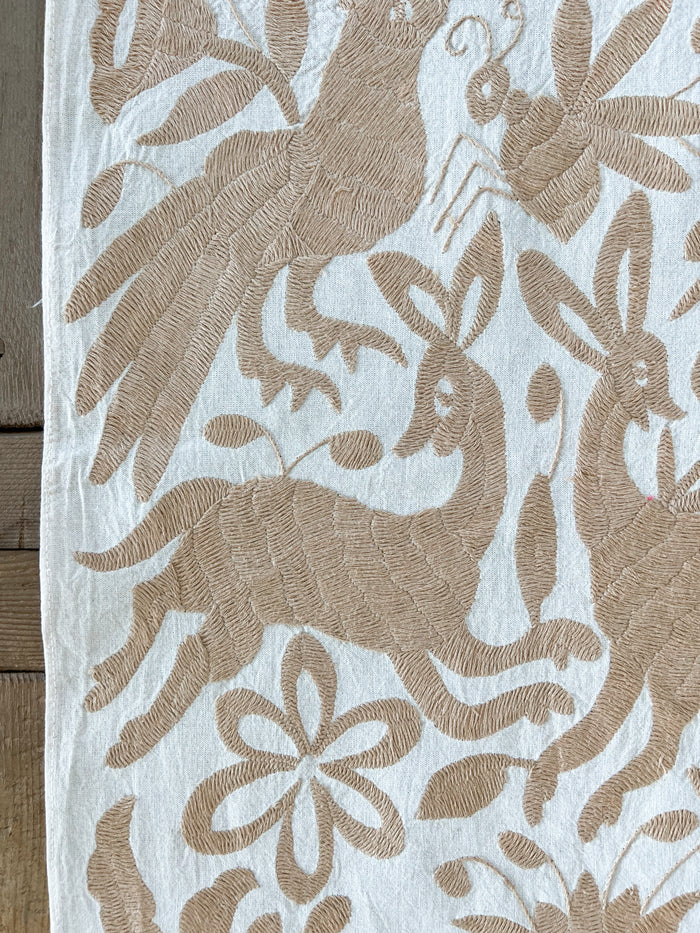 Mexican embroidered Otomi table runner folk art tan beige