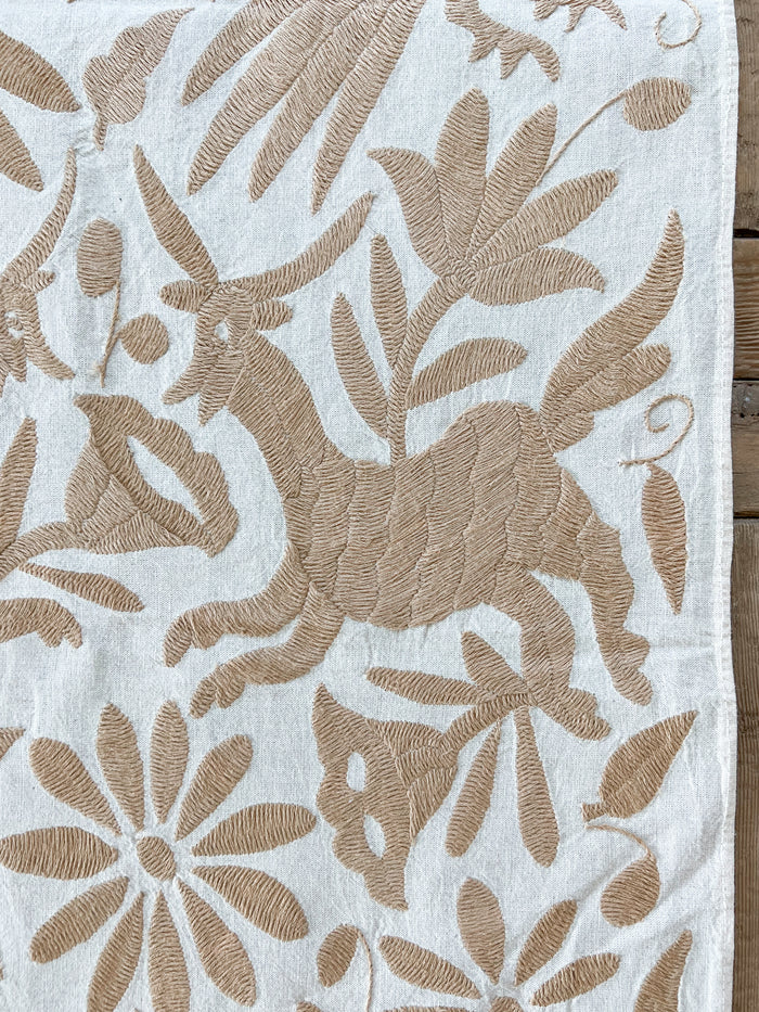 Mexican embroidered Otomi table runner folk art tan beige