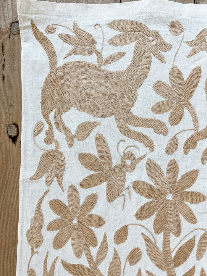 Mexican embroidered Otomi table runner folk art tan beige